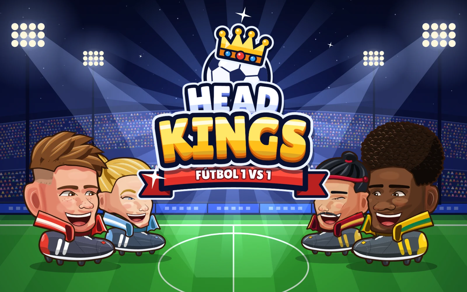Paco, Lucía, Kenji y Kofi en un estadio de noche, con el logotipo de Head Kings y el lema «Fútbol 1 vs 1»